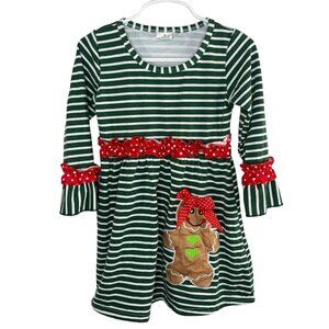 Girls Christmas Gingerbread Dress 3T Green Striped Holiday Winter